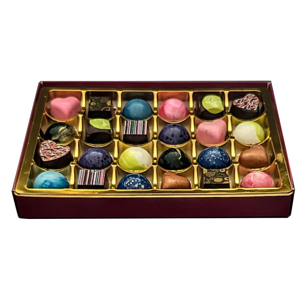 Large selection box of handmade bonbons by Chocolates by Design.
