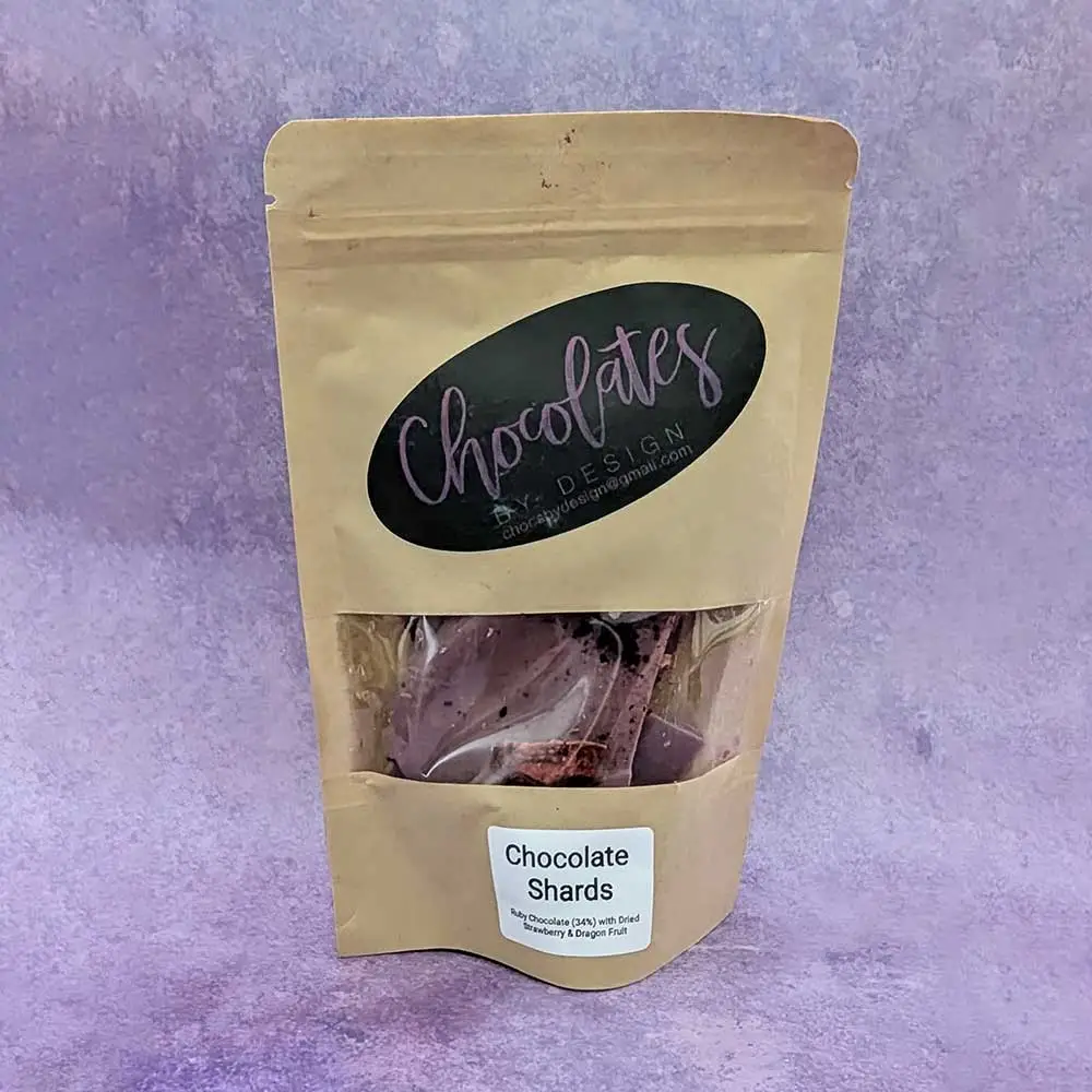 Chocolates by Design resealable pouch of artisan chocolate bark.
