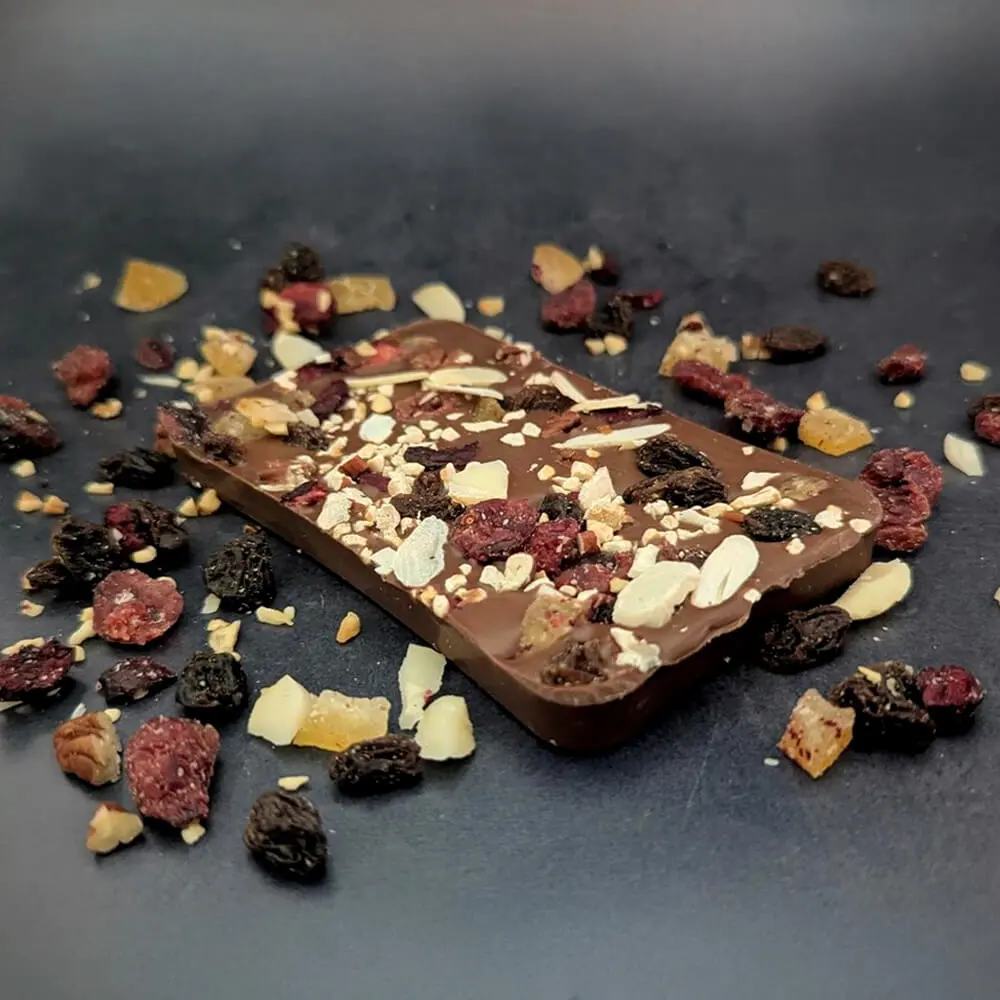 Gourmet chocolate bark with dried fruit and nut toppings