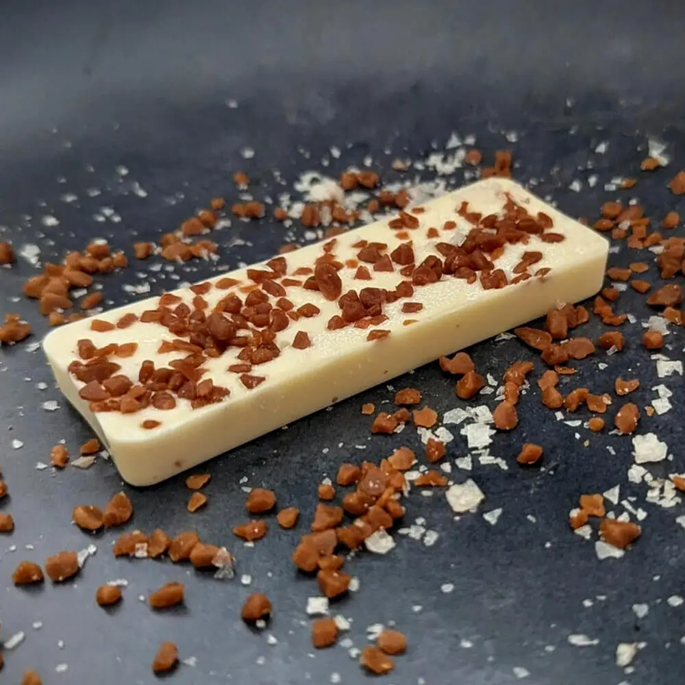 White chocolate bark topped with crunchy caramel pieces